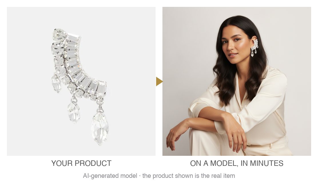 Before and after: flat rings packshot turned into an on-model photo with Vitrine AI