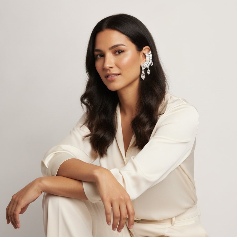 Crystal ear-cuffs on a model